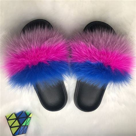 Wholesale Large Fur Real Natural Fox Fur Slides Fluffy Fur Slides.